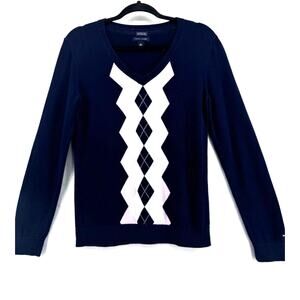 Tommy Hilfiger Women's Classic V-neck Argyle blue long sleeve Sweater sz Medium